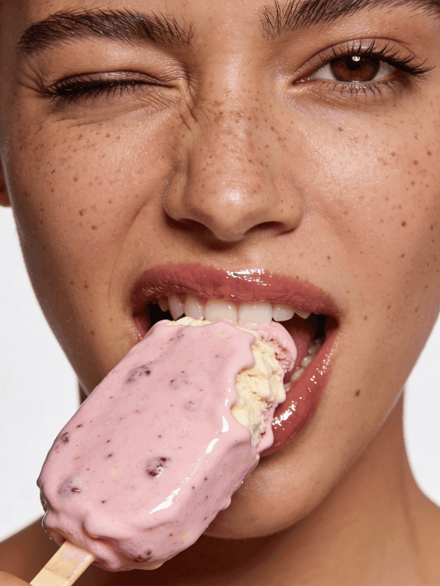 Portrait of a woman eating an ice cream