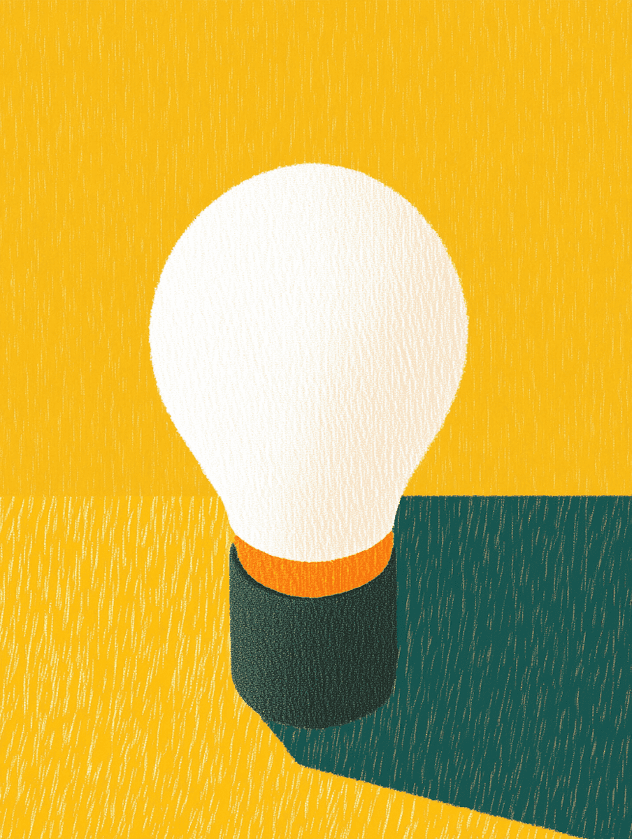 Minimalist illustration of white lightbulb with orange base on golden yellow and teal geometric background